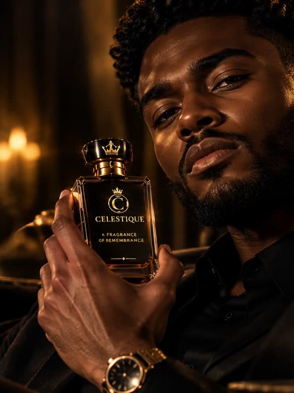 Celestique — crowned flacon held in golden candlelight